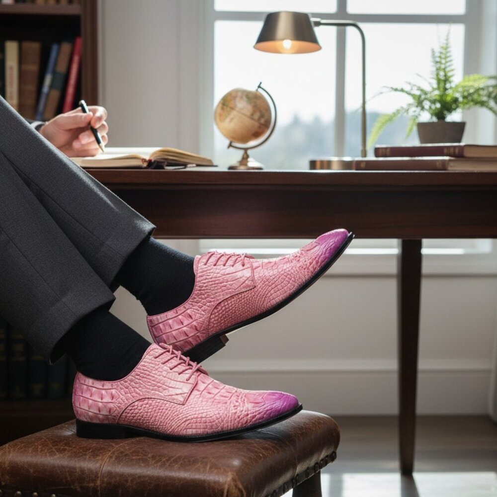 Pink Men's Crocodile Embossed Lace-Up Formal Business Dress Oxford Shoes - Picture 8 of 8